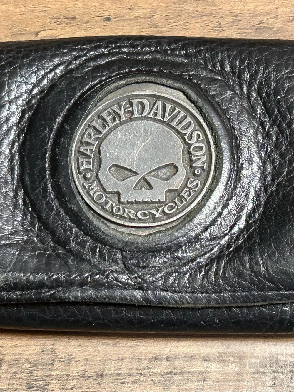 💟Harley Davidson Willie G Skull Black Leather Biker Wallet Trifold Chain Style